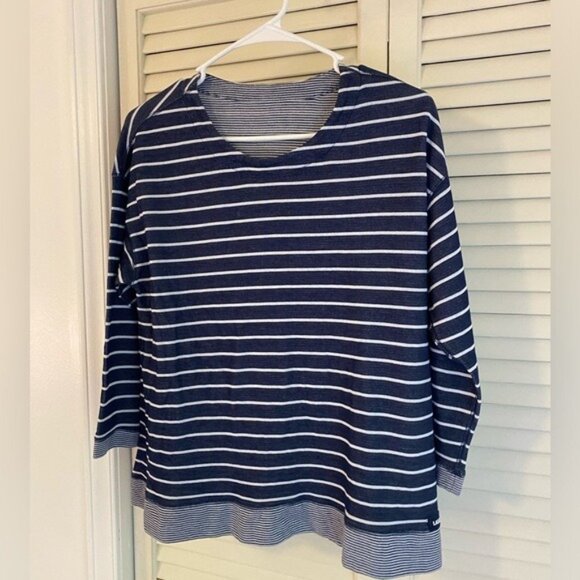 Lands End Navy & White Striped 3/4 Sleeve Top Size M-L Casual Pullover Shirt - Picture 1 of 7